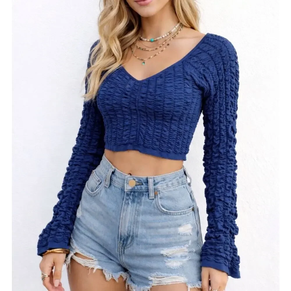 Anthropologie | Shirred Textured Long Sleeve Crop Top Boho Navy Blue L/XL NWT